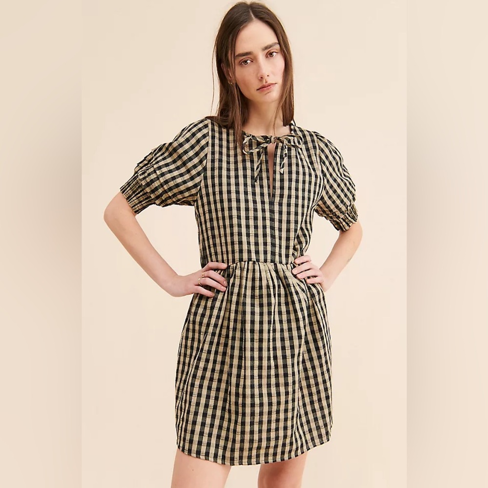 Free People Afternoon 100% Cotton The Polly Dress in Black Motif Plaid.
